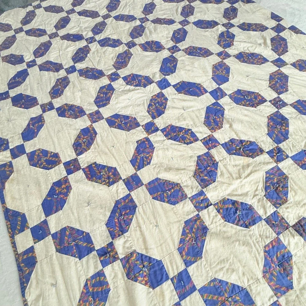 VTG Handmade Patchwork Quilt Throw Twin Purple Cream Tied Cottagecore 1990